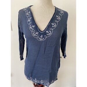 Dei Women’s Tunic Top Size S 3/4 Sleeve V Neck Cotton Swim Nautical Anchor